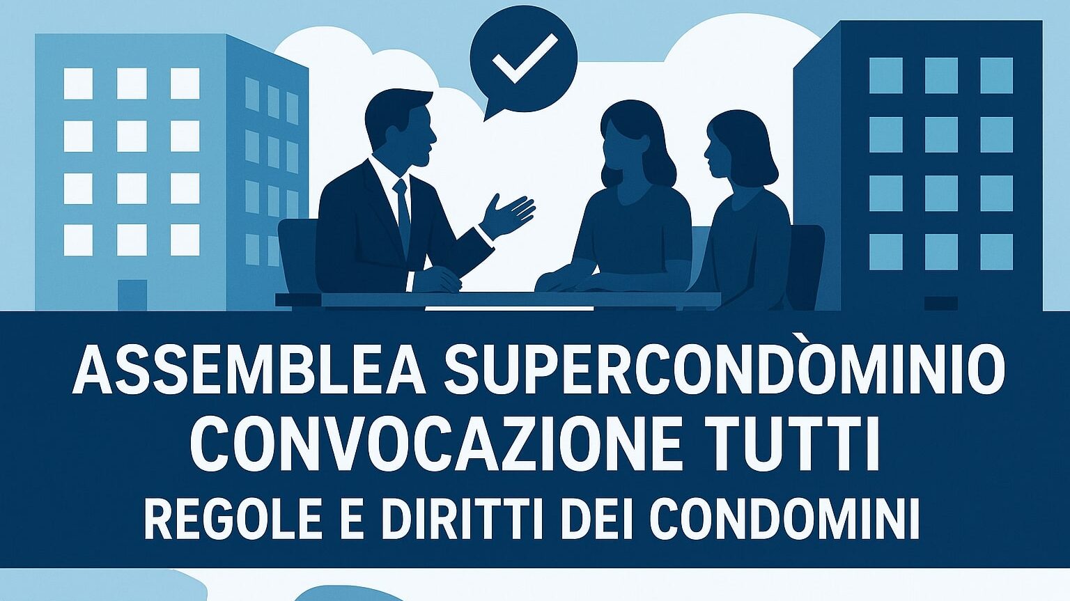 Illustrazione del processo decisionale in un supercondominio, evidenziando il principio "Assemblea Supercondominio Convocazione Tutti".