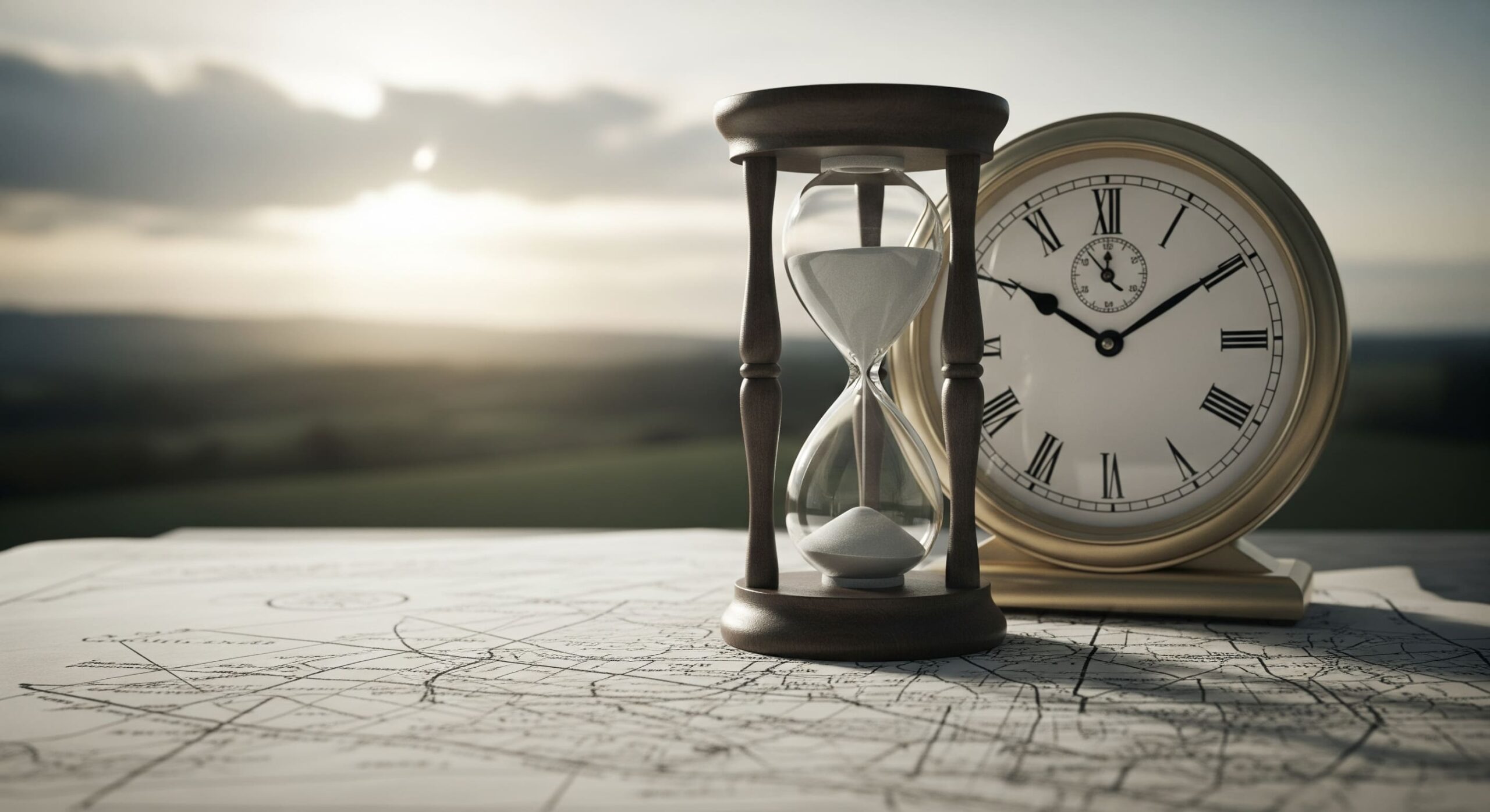 Clessidra e orologio antico accanto a un documento legale, a simboleggiare la Durata del Diritto di Enfiteusi e le relative Regole temporali.