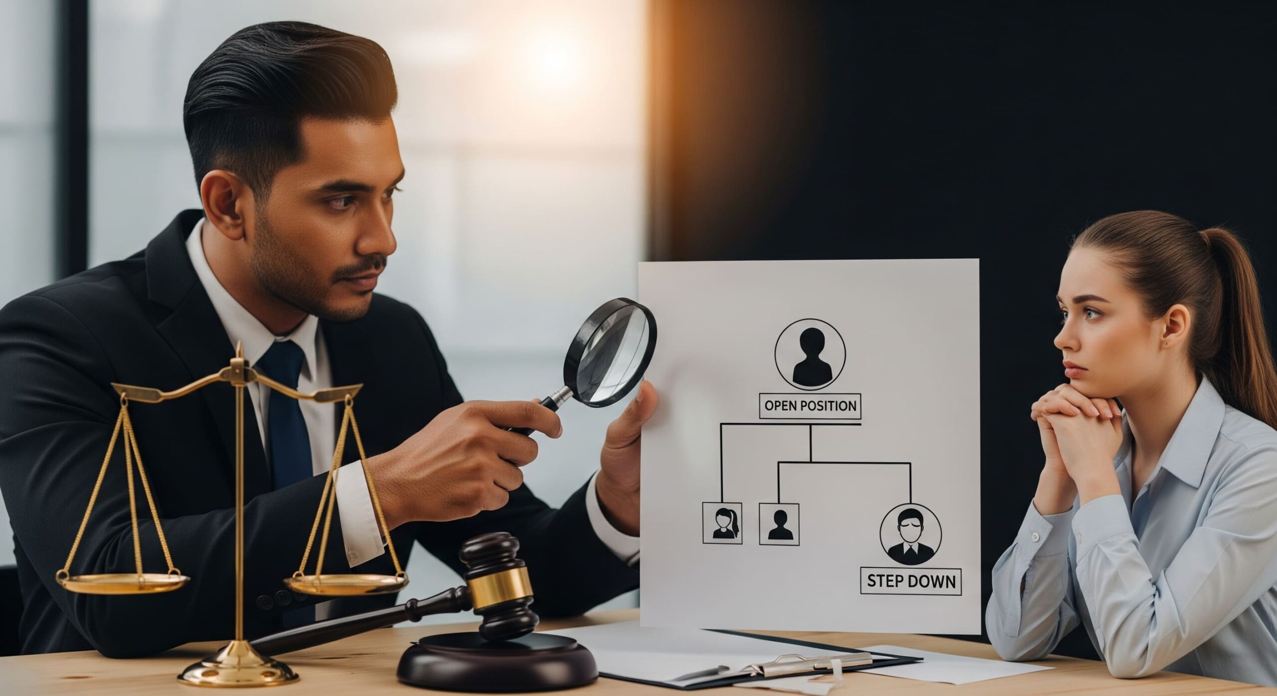 Manager che esamina un organigramma con lente per ricollocare una dipendente, simboleggiando l'Obbligo di Repechage anche in Mansioni Inferiori e l'onere della Prova.