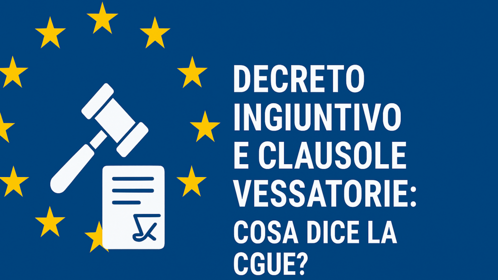 Martelletto del giudice e documenti relativi al controllo del decreto ingiuntivo clausole vessatorie per tutela consumatore.