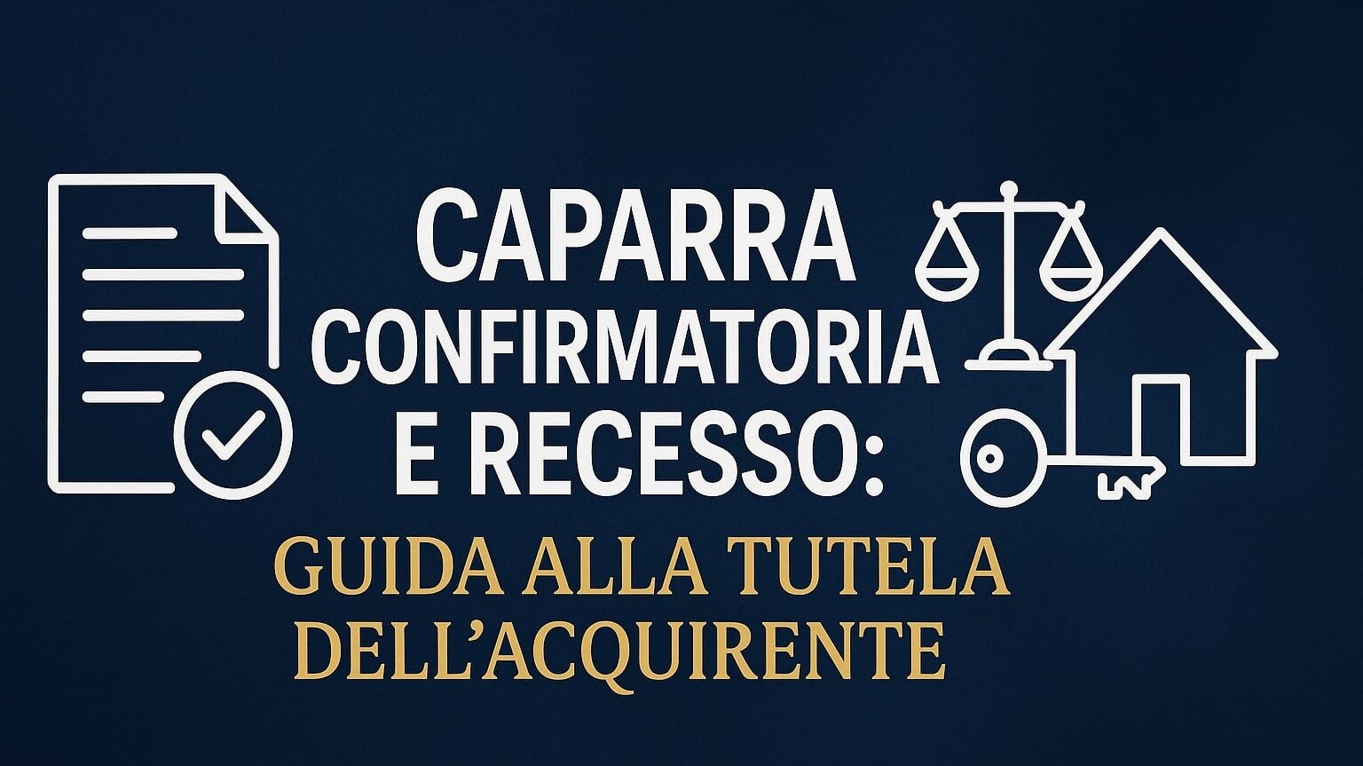 Immagine di copertina con sfondo blu scuro e simboli legali come una chiave e una stretta di mano per illustrare l'articolo sulla caparra confirmatoria, il recesso e la tutela dell'acquirente.