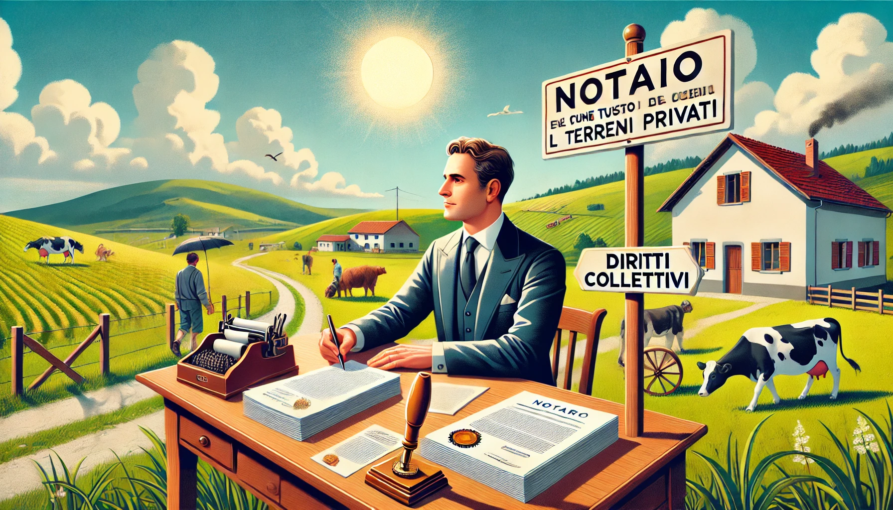 Il notaio esamina documenti per accertare la presenza di usi civici su un terreno privato.
