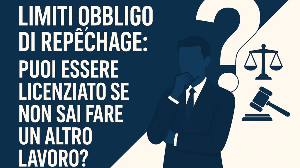 Illustrazione sui limiti obbligo di repêchage che mostra un uomo che riflette sul licenziamento, con un punto interrogativo e simboli della giustizia.