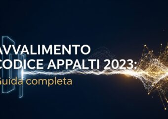 Immagine concettuale sull'**avvalimento codice appalti 2023**: sfondo blu con ponte di luce tra una struttura bianca e risorse dorate.