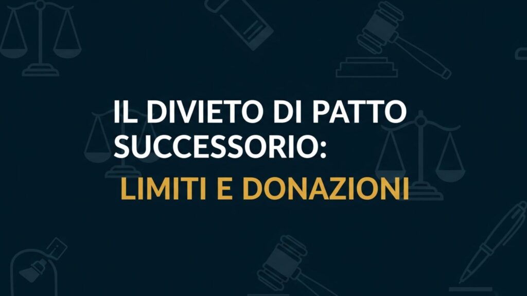 Copertina dell'articolo sul donazione patto successorio divieto, con il titolo "Il Divieto di Patto Successorio: Limiti e Donazioni" e icone legali stilizzate su sfondo blu.
