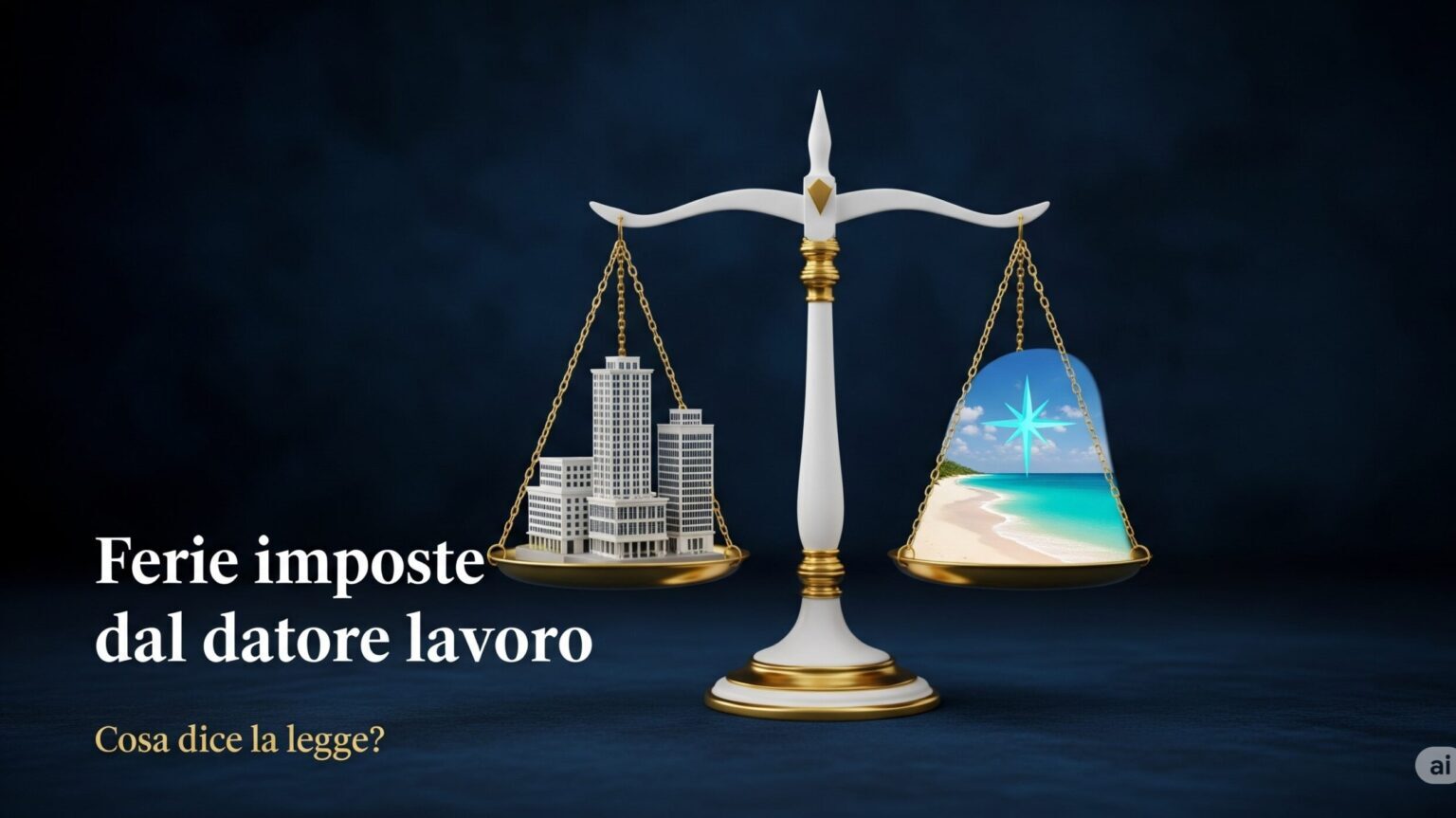 Una bilancia della giustizia soppesa un ufficio e una spiaggia, a simboleggiare il tema delle ferie imposte datore lavoro, con il titolo dell'articolo in primo piano.