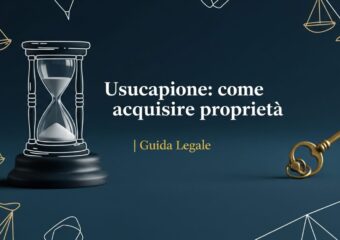 Immagine di copertina per l'articolo "Usucapione come acquisire proprietà". Su sfondo blu scuro, il titolo in bianco e oro è affiancato da icone stilizzate di una clessidra e una chiave, a simboleggiare il tempo e il possesso.