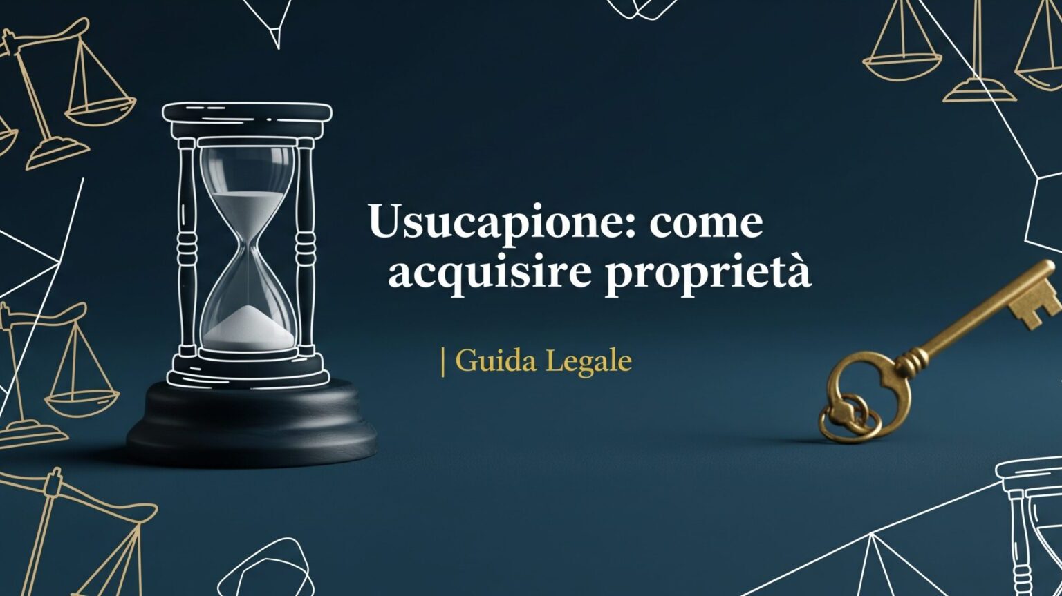 Immagine di copertina per l'articolo "Usucapione come acquisire proprietà". Su sfondo blu scuro, il titolo in bianco e oro è affiancato da icone stilizzate di una clessidra e una chiave, a simboleggiare il tempo e il possesso.