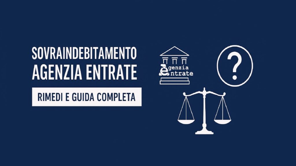 Grafica di copertina della guida completa sul sovraindebitamento con l'Agenzia delle Entrate, con elementi di design moderni nei colori blu, bianco e oro.