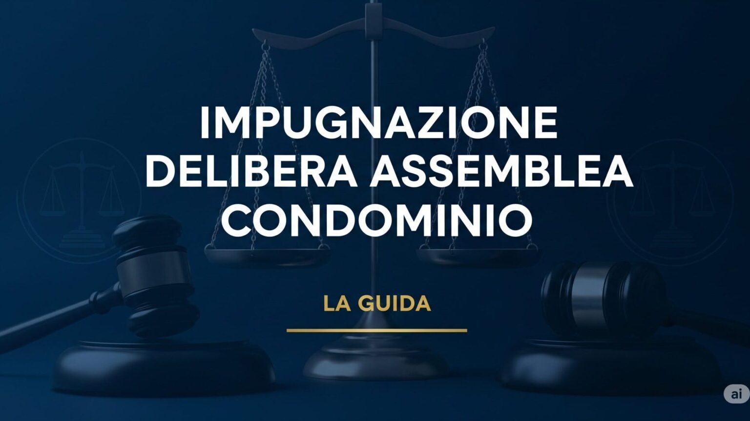 Immagine di copertina per guida legale sull'impugnazione della delibera dell'assemblea di condominio, con bilancia della giustizia e martelletto del giudice su sfondo blu.