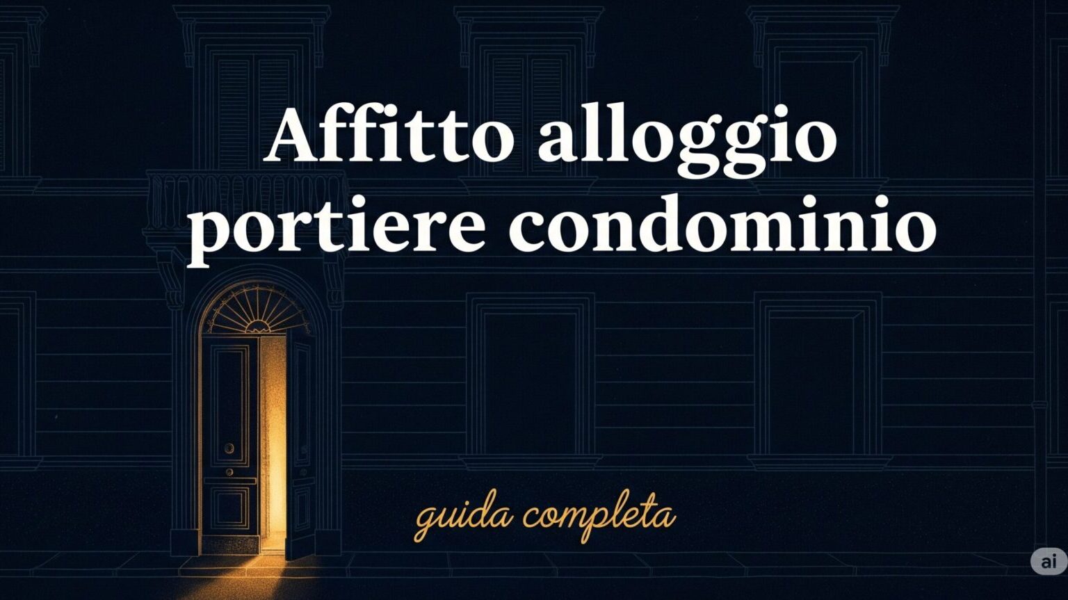 Illustrazione della facciata di un palazzo di colore blu scuro, con una porta al piano terra illuminata da una luce dorata a simboleggiare l'opportunità dell'affitto dell'alloggio del portiere in condominio. In sovrimpressione il titolo dell'articolo.