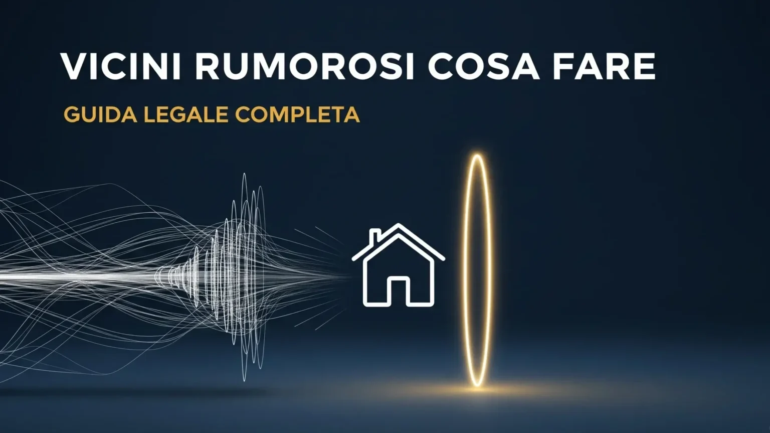 Immagine simbolica per la guida su vicini rumorosi e cosa fare. Uno scudo dorato protegge un'icona a forma di casa da onde sonore bianche, rappresentando la protezione legale dal disturbo.