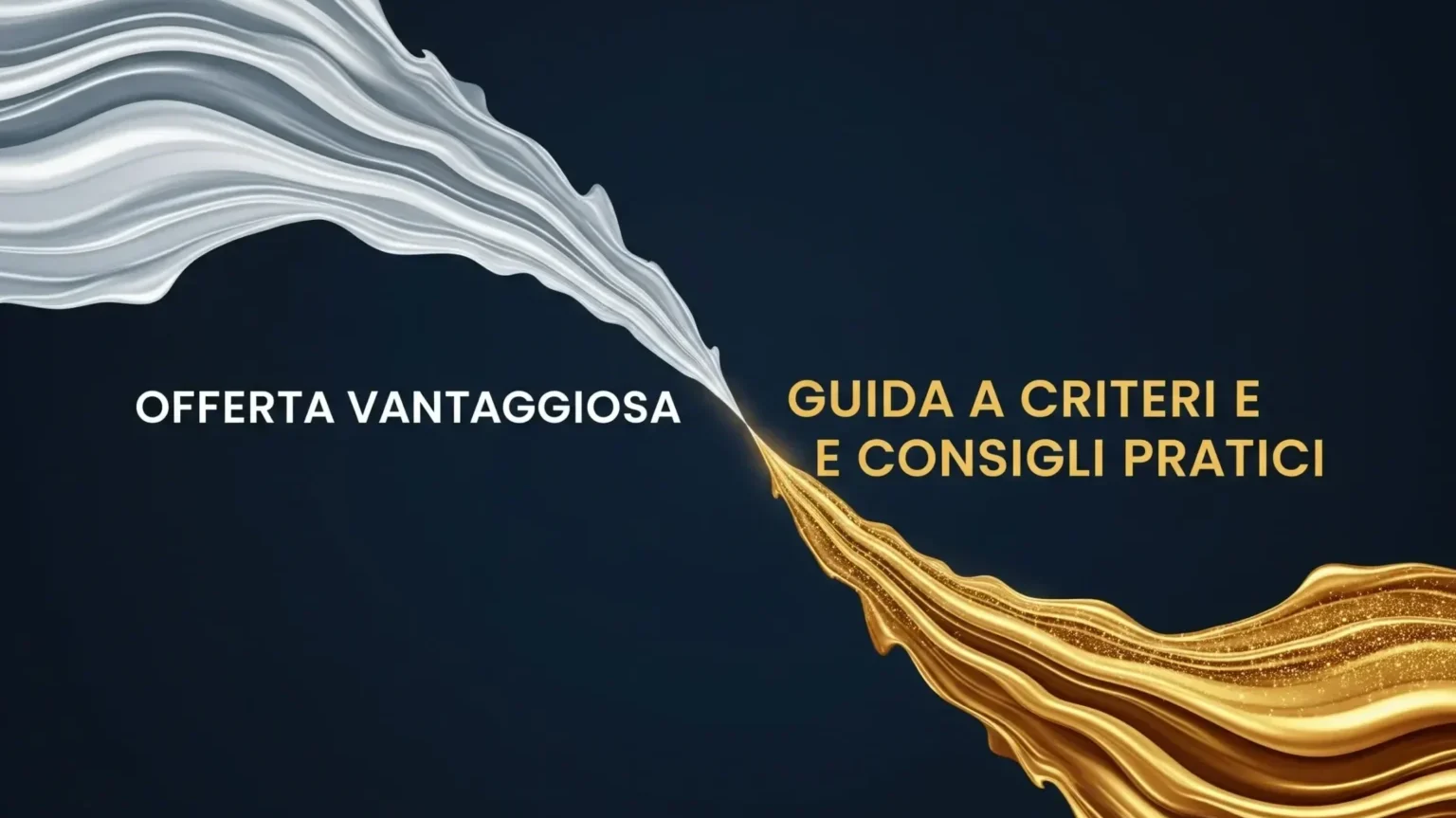 Immagine astratta che rappresenta l'equilibrio per un'offerta economicamente più vantaggiosa: due flussi di colore, bianco e oro, si incontrano su sfondo blu con il titolo della guida.