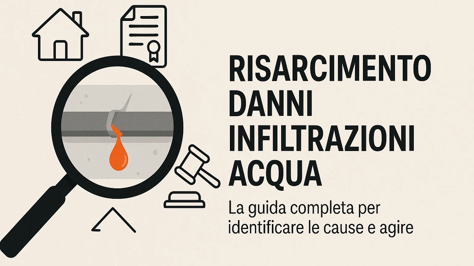 Illustrazione di una lente d'ingrandimento su un tubo rotto per il risarcimento danni infiltrazioni acqua.