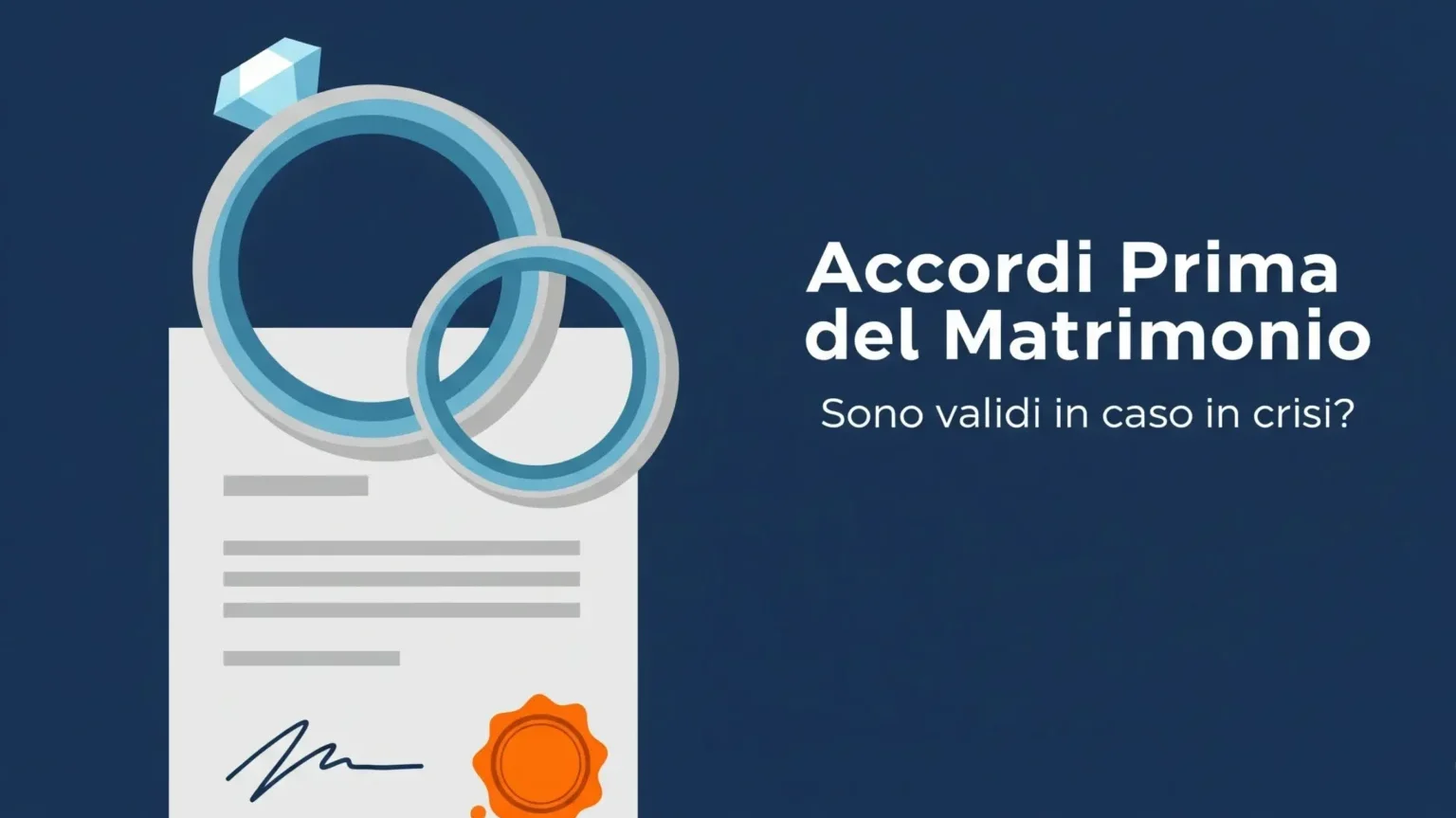 Illustrazione di fedi nuziali e un documento legale che rappresenta gli accordi prima del matrimonio e la loro validità.