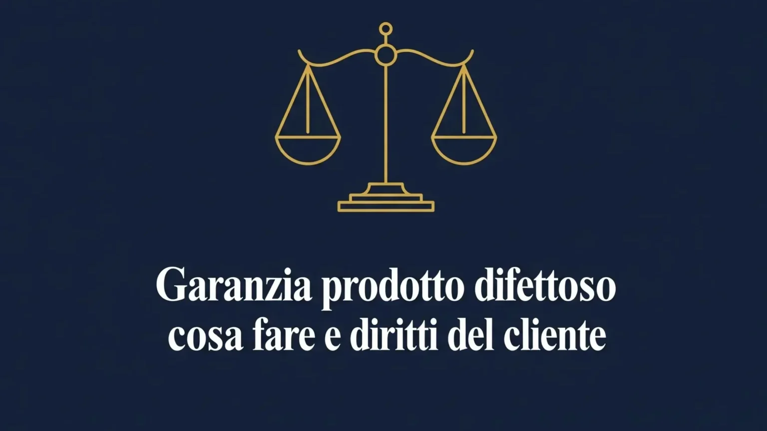 Immagine sulla garanzia prodotto difettoso: bilancia della giustizia stilizzata color oro su sfondo blu.
