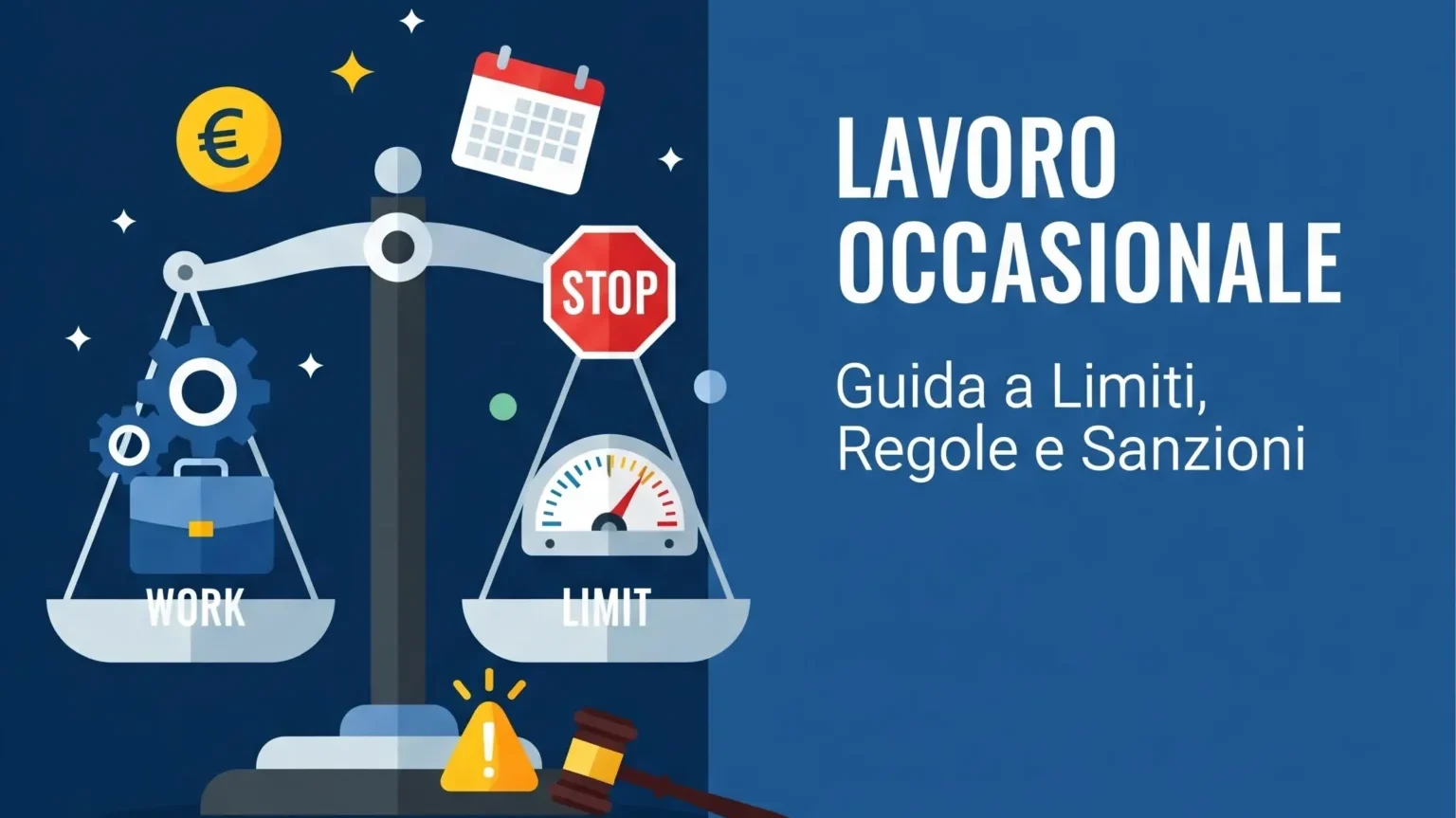 Illustrazione della guida al lavoro occasionale con bilancia della giustizia che mostra i rischi e le sanzioni.