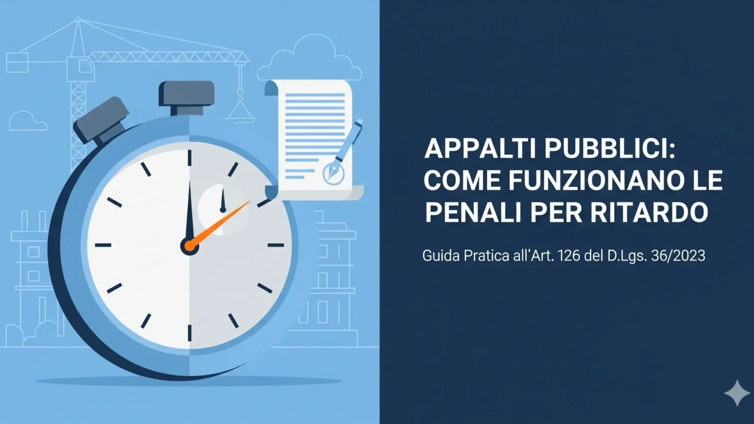 Illustrazione di un cronometro e un contratto, a simboleggiare le penali per ritardo negli appalti pubblici.