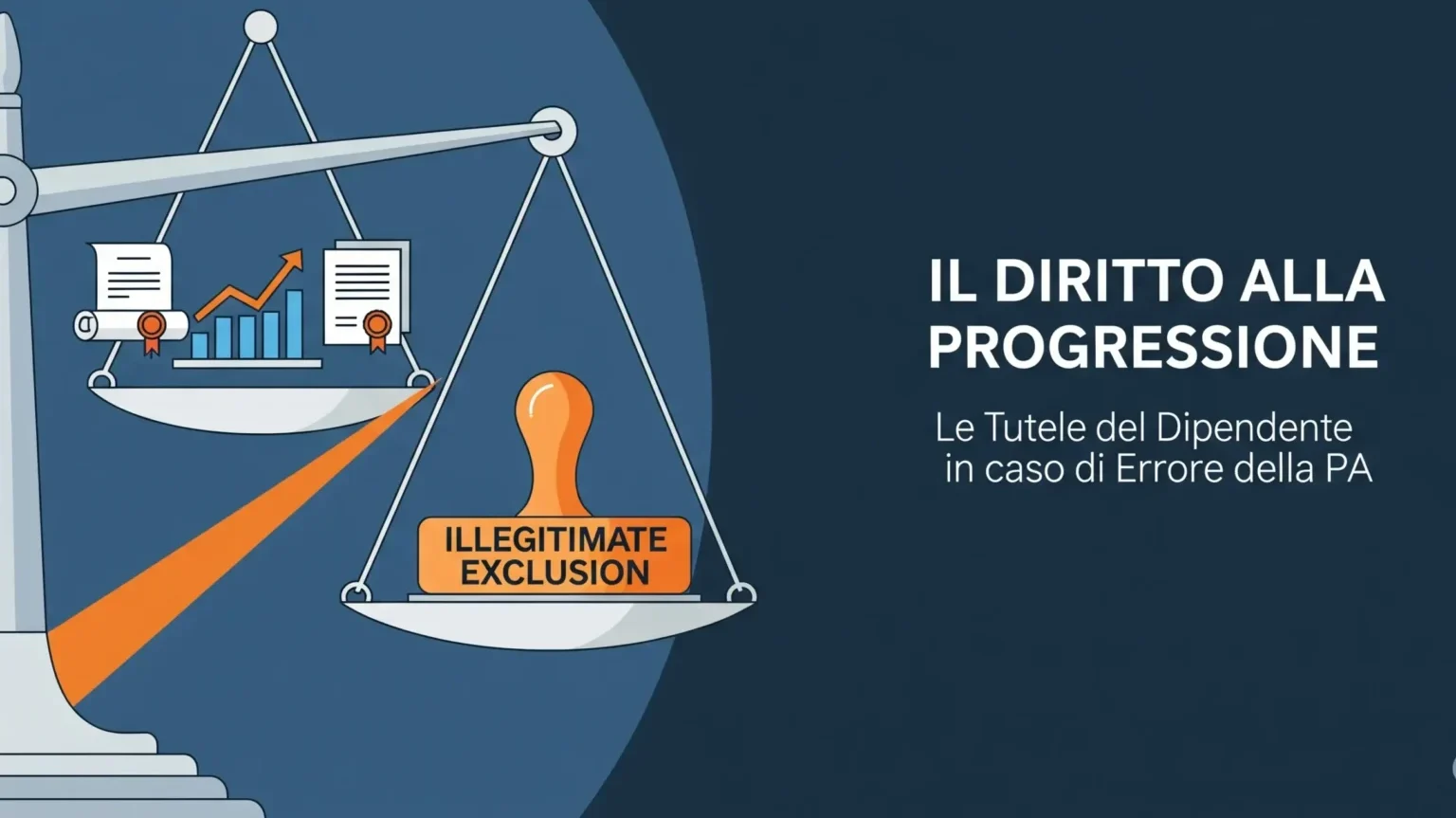 Illustrazione della bilancia della giustizia che tutela la progressione economica nel pubblico impiego contro un'esclusione illegittima.