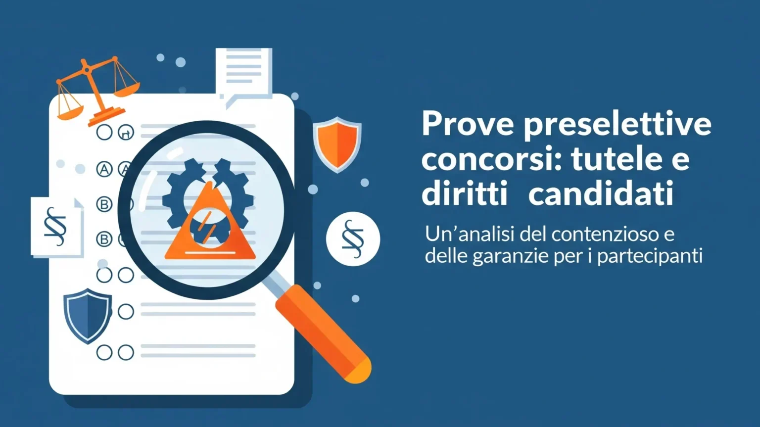 Illustrazione di una lente d'ingrandimento che analizza una prova preselettiva di un concorso, a simboleggiare le tutele legali per i candidati.