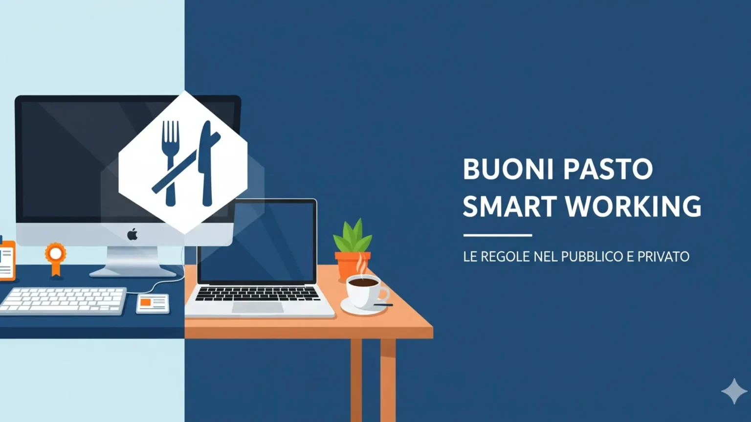 Illustrazione di una scrivania ibrida che mostra le differenze tra ufficio e casa per spiegare le regole dei buoni pasto smart working.