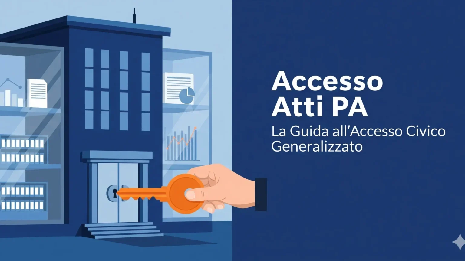 Illustrazione di una guida all'accesso civico generalizzato che mostra una chiave arancione aprire la porta di un edificio pubblico.