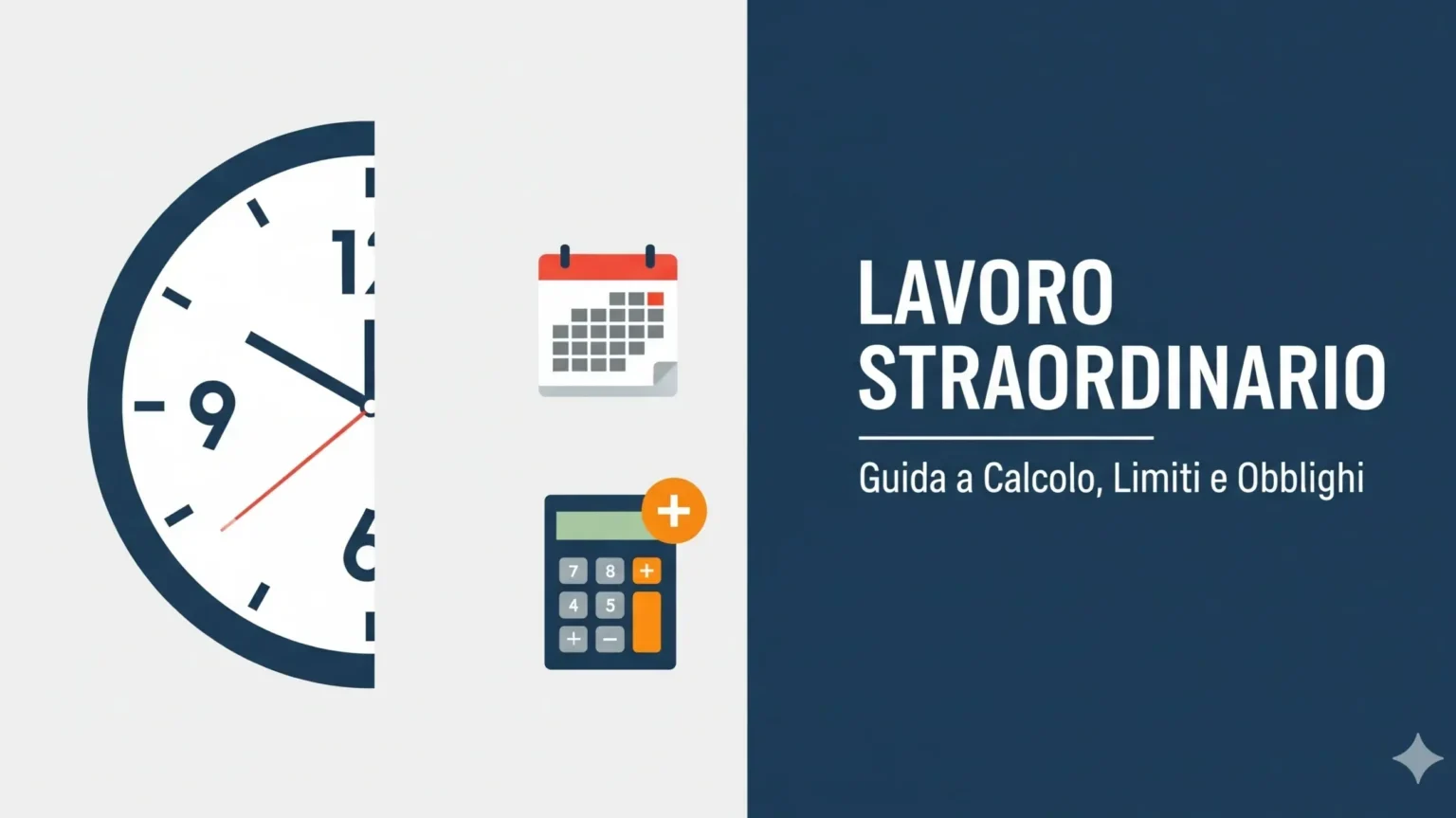 Illustrazione con orologio e calcolatrice sul tema del calcolo e limiti del lavoro straordinario in Italia.