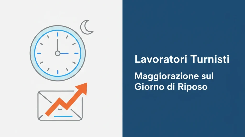 Illustrazione su maggiorazione giorno di riposo: orologio del turno notturno, luna e simbolo di retribuzione che aumenta.