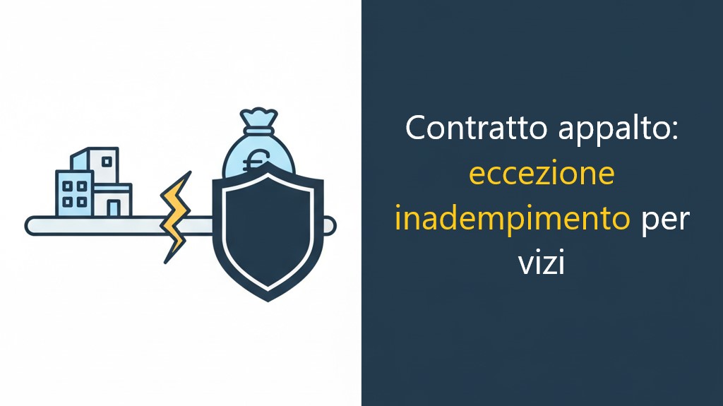 Illustrazione vettoriale che mostra l'eccezione di inadempimento per vizi nell'appalto: uno scudo (eccezione) blocca il pagamento (denaro) a causa di un vizio (crepa) nell'opera (edificio).