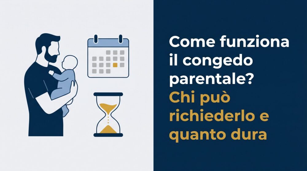 Illustrazione in stile flat-design con un genitore e un neonato di fianco a un calendario e una clessidra, a sinistra; a destra, titolo dell'articolo su sfondo blu.