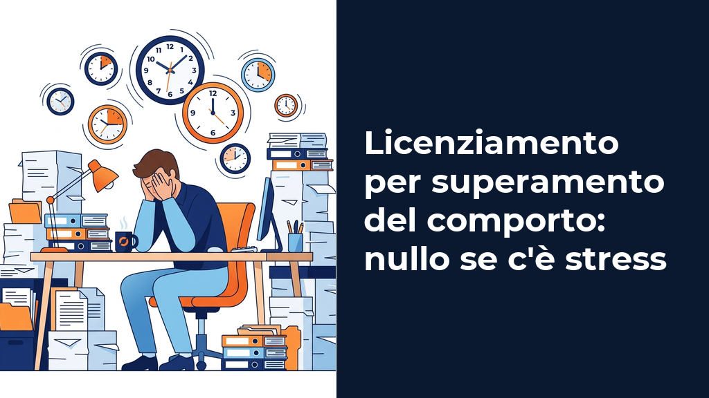 Un manager affaticato davanti a una scrivania piena di fogli e un orologio che scorre veloce, stile grafica vettoriale e colori del brand