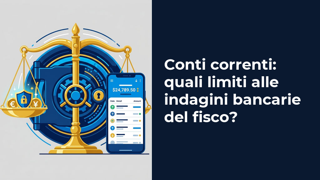 Illustrazione concettuale in flat design che mostra una bilancia della giustizia stilizzata che protegge un conto bancario e un blocco di fogli di accertamento con una cartella protetta.
