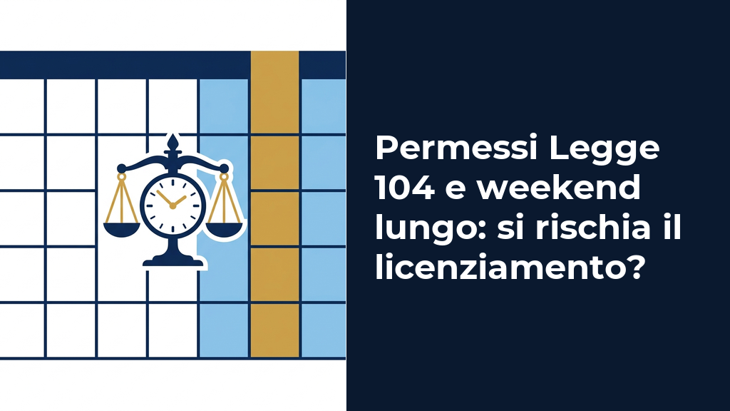 Illustrazione concettuale di un calendario con evidenziati i giorni a ridosso del fine settimana e l'indicazione della Legge 104, con simboli di bilancia della giustizia e clessidra.