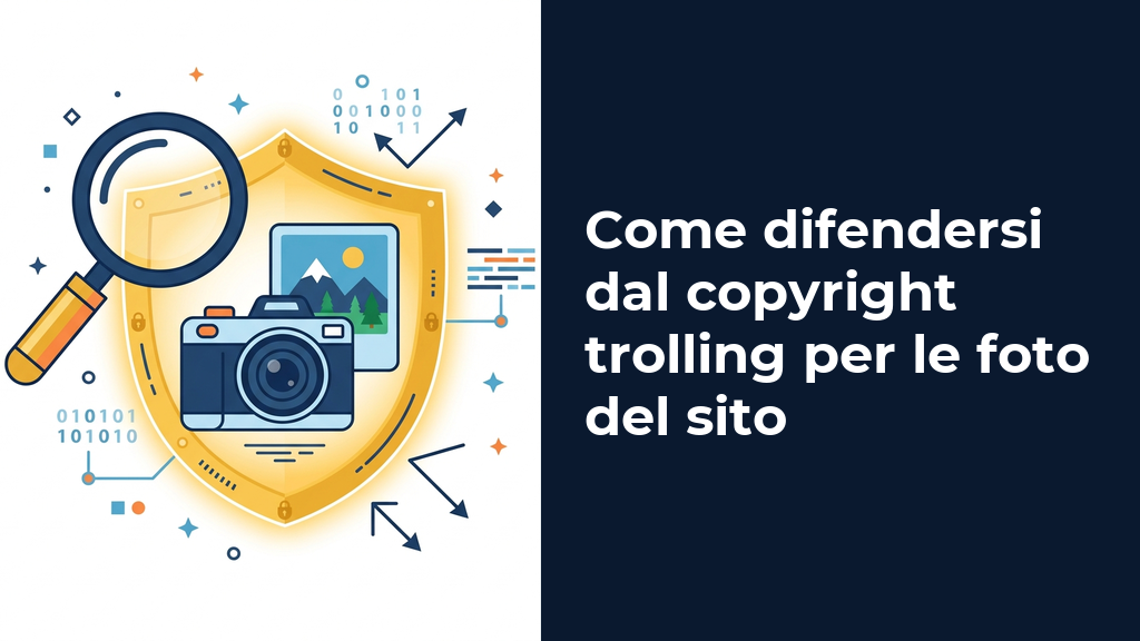 Una lente di ingrandimento che esamina una fotografia digitale su uno schermo web, evidenziando il simbolo del copyright sbarrato.