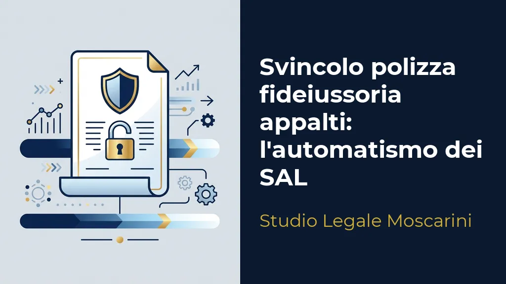 Grafica vettoriale piana astratta con una fideiussione digitale, grafici a barre di avanzamento dei lavori (SAL) e uno scudo protettivo che simboleggia lo svincolo delle garanzie.