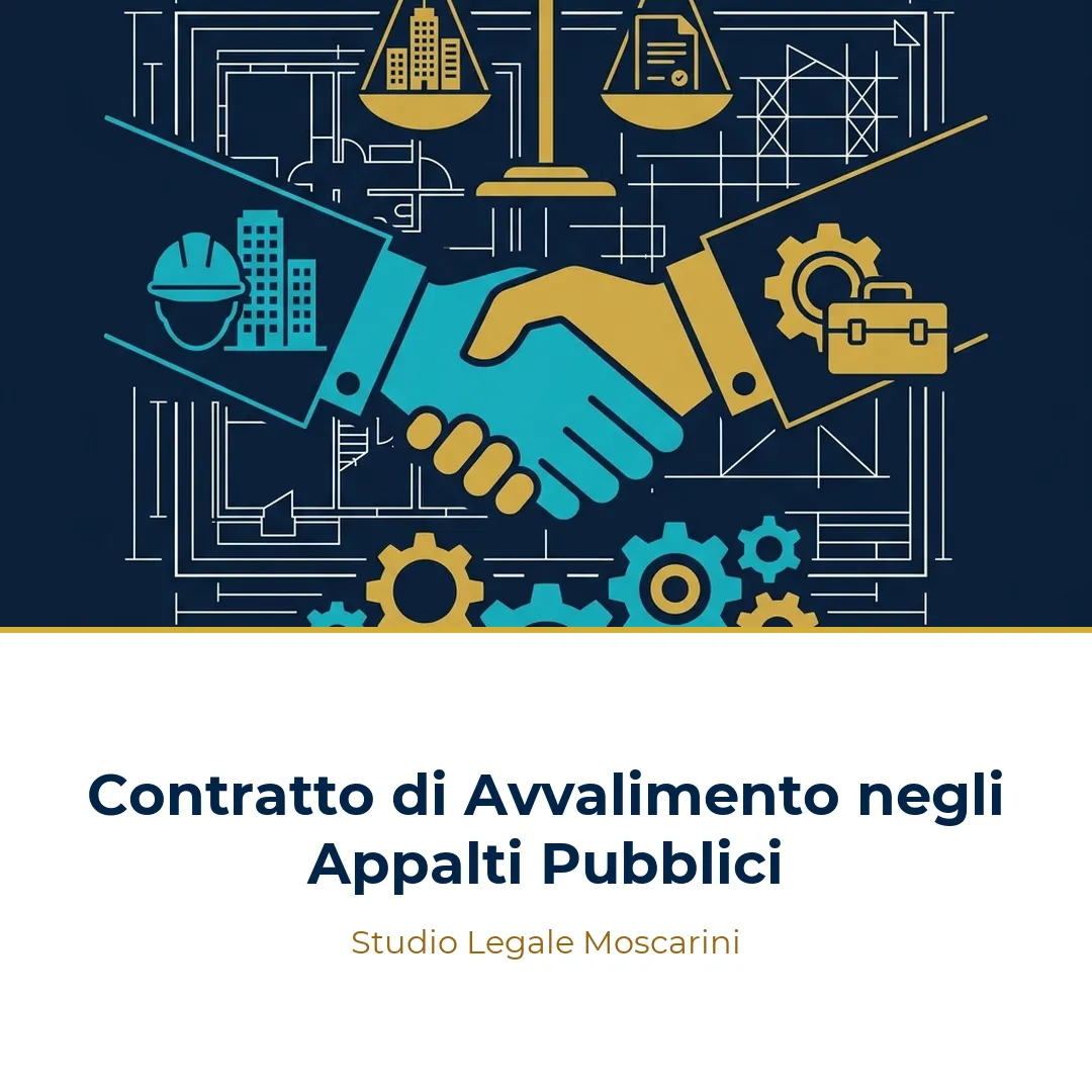 Illustrazione concettuale del contratto di avvalimento tra imprese in appalto pubblico, con stretta di mano, cantiere edile e documenti giuridici