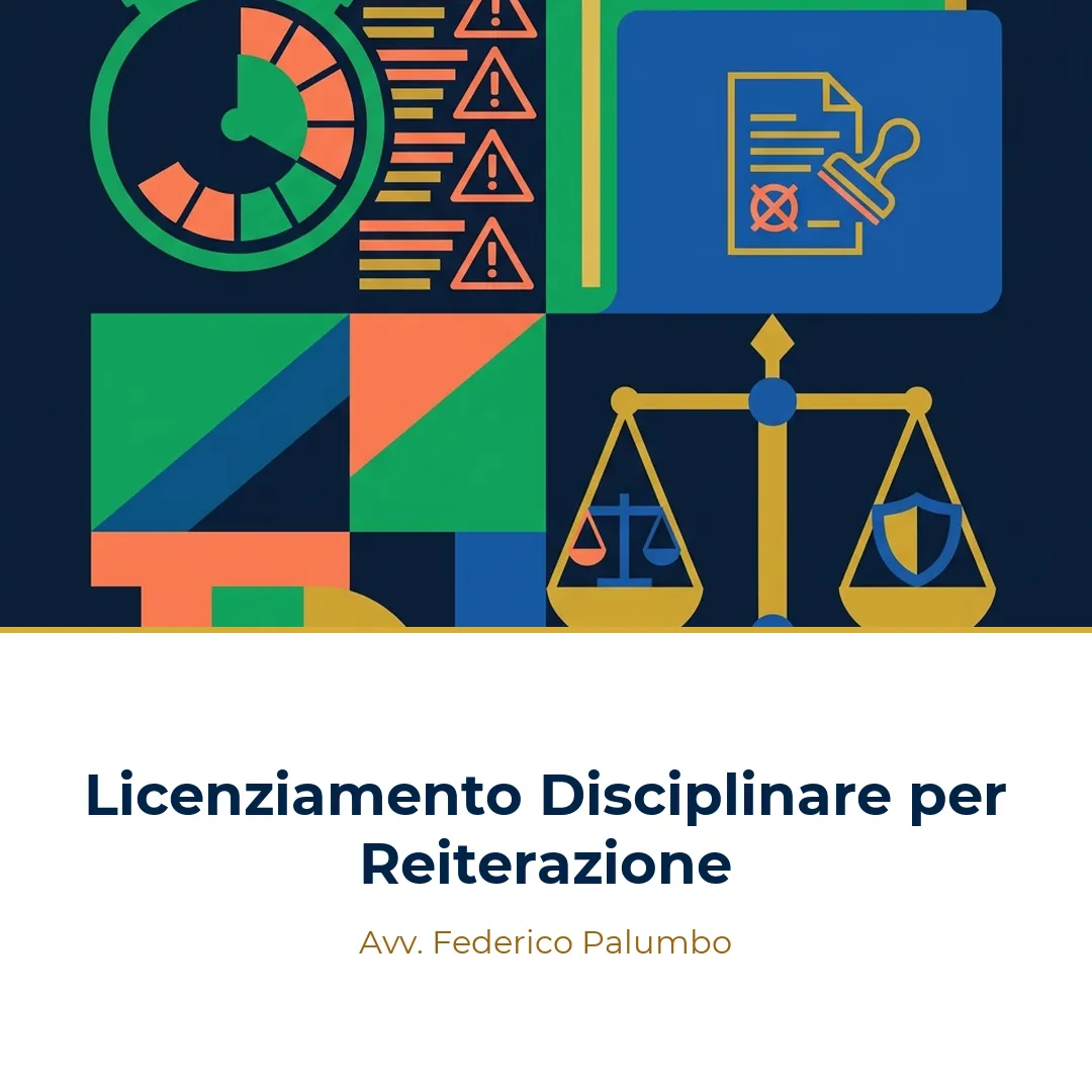 Illustrazione concettuale del licenziamento disciplinare e contestazione degli addebiti, con bilancia della giustizia, documento di contestazione, martelletto da giudice ed accenti cromatici smeraldo ed ambra