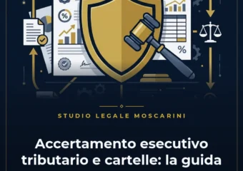 Grafica vettoriale rappresentante l'accertamento esecutivo tributario e l'impugnazione delle cartelle di pagamento con scudo protettivo, documento con bollo fiscal e martelletto.
