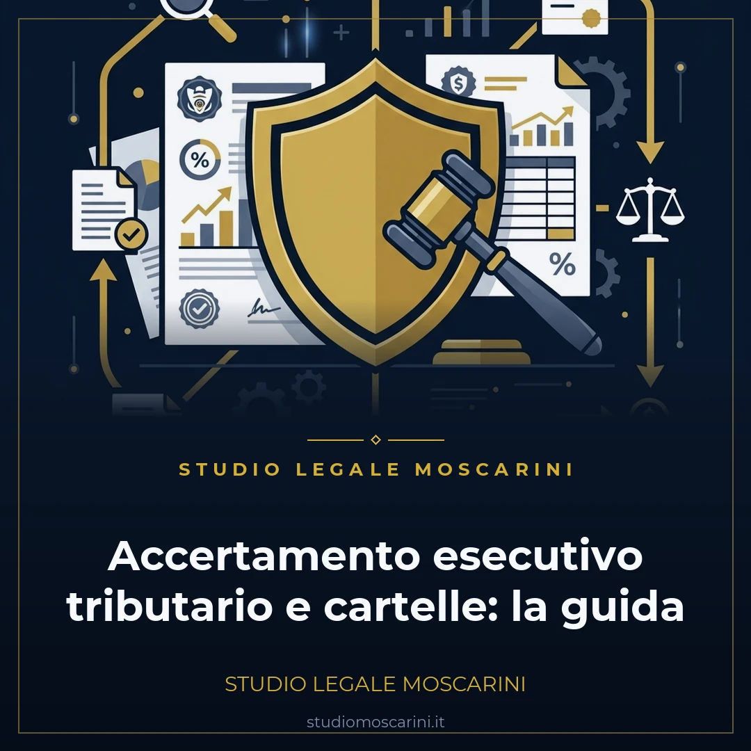 Grafica vettoriale rappresentante l'accertamento esecutivo tributario e l'impugnazione delle cartelle di pagamento con scudo protettivo, documento con bollo fiscal e martelletto.