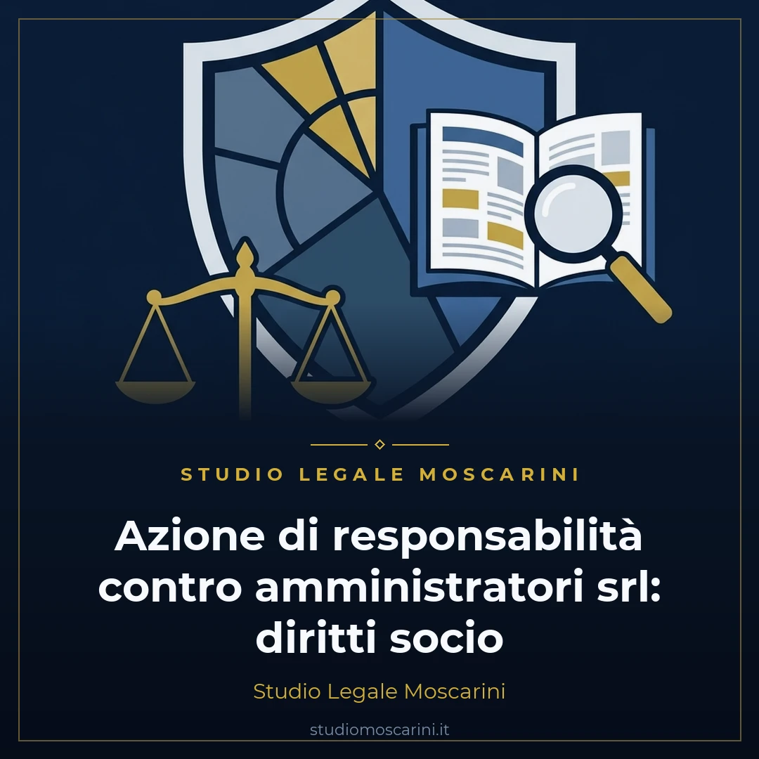 Illustrazione vettoriale flat su sfondo blu navy con simboli societari, quote azionarie, faldoni di controllo e bilancia della giustizia in oro