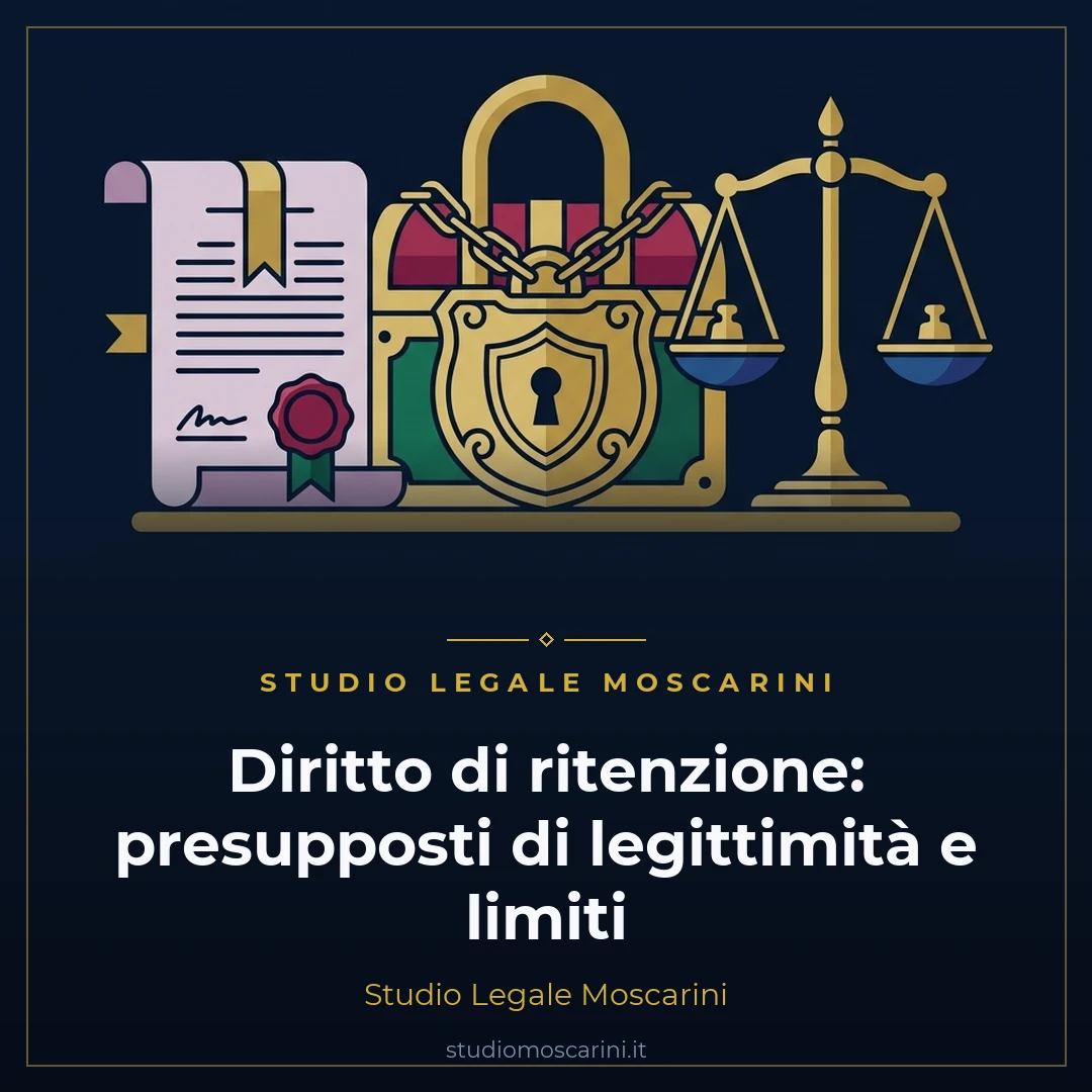 Illustrazione concettuale sul diritto di ritenzione con chiave di serratura, bene in custodia protetta, bilancia della giustizia e codice civile