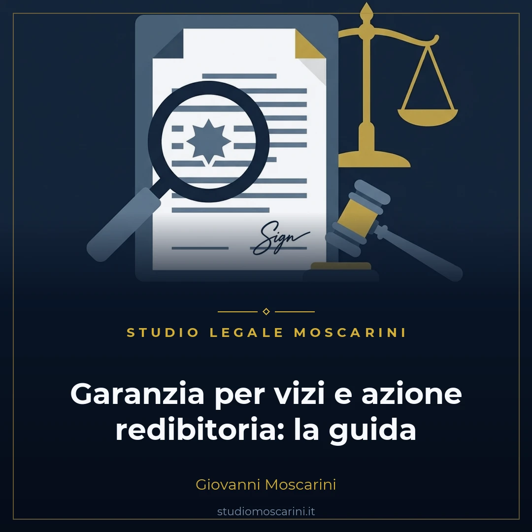 Grafica vettoriale rappresentante la garanzia per vizi della cosa venduta e l'azione redibitoria ex art 1490 c.c. con contratto di compravendita, lente d'ingrandimento e martelletto.