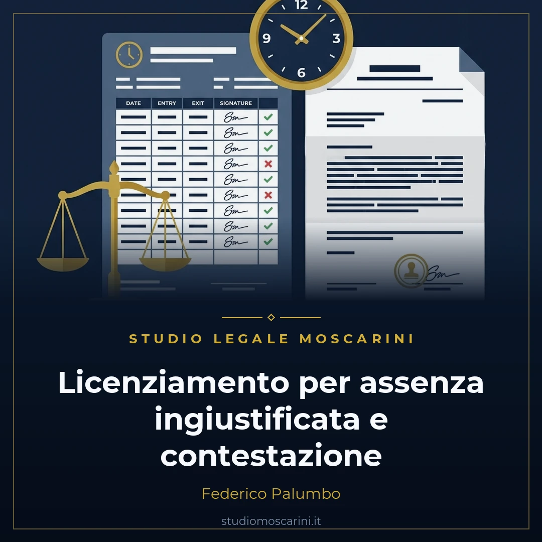 Grafica vettoriale rappresentante il licenziamento per assenza ingiustificata e la contestazione disciplinare art 7 Statuto Lavoratori con orologio, lettera di contestazione e martelletto.