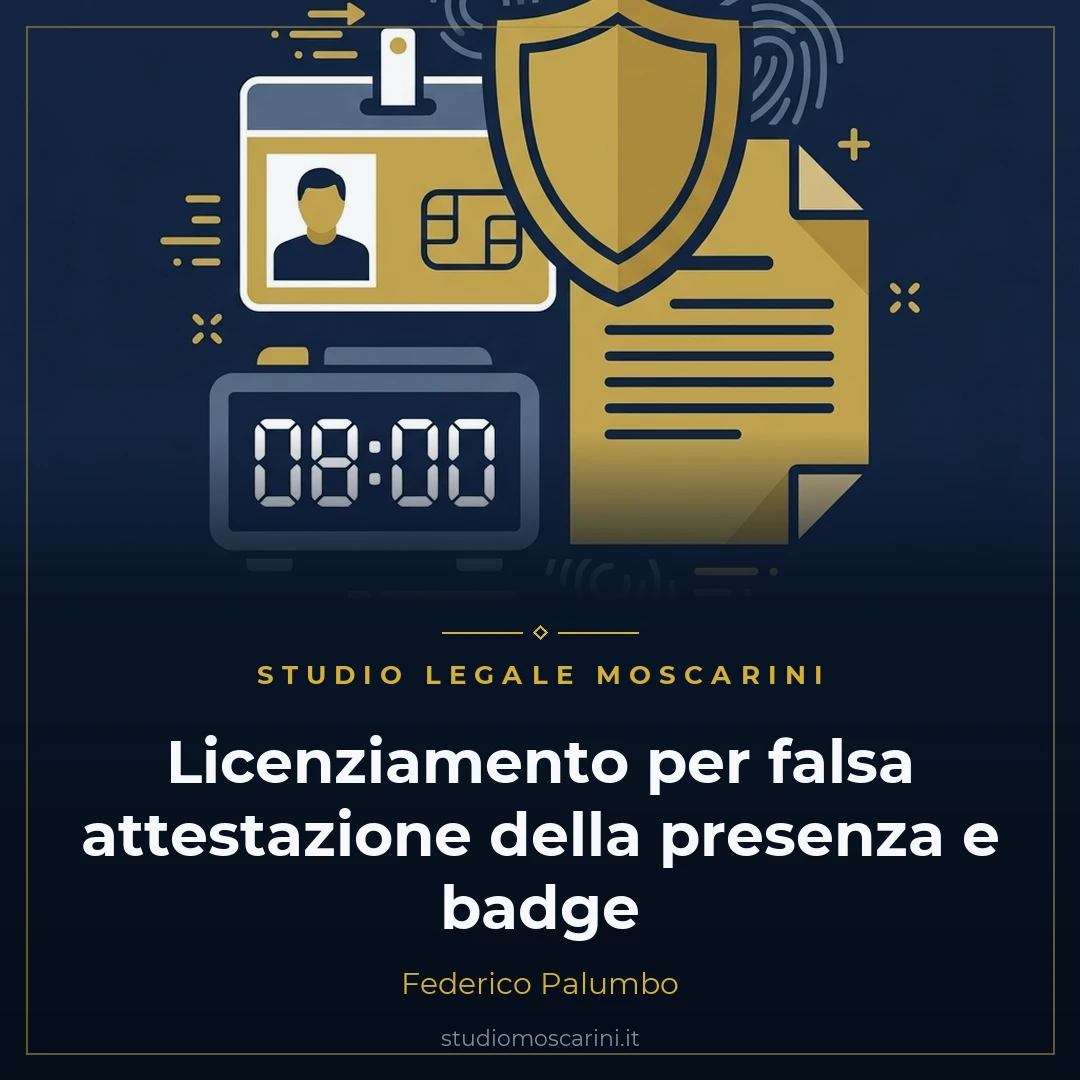 Grafica vettoriale rappresentante il licenziamento per falsa attestazione della presenza in servizio e truffa del badge con cartellino elettronico, orologio digitale, lettera di licenziamento e scudo legale del lavoro.