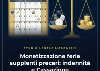 Illustrazione concettuale sulla monetizzazione delle ferie per supplenti e docenti precari della scuola con simboli di giustizia e calendario