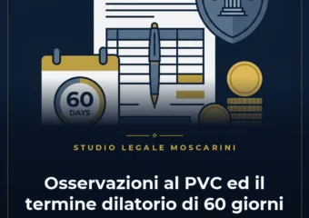Grafica vettoriale rappresentante le osservazioni al PVC ed il termine dilatorio di 60 giorni ex art 12 Statuto Contribuente con verbale di verifica, calcolatrice, clessidra e sigillo di nullità.