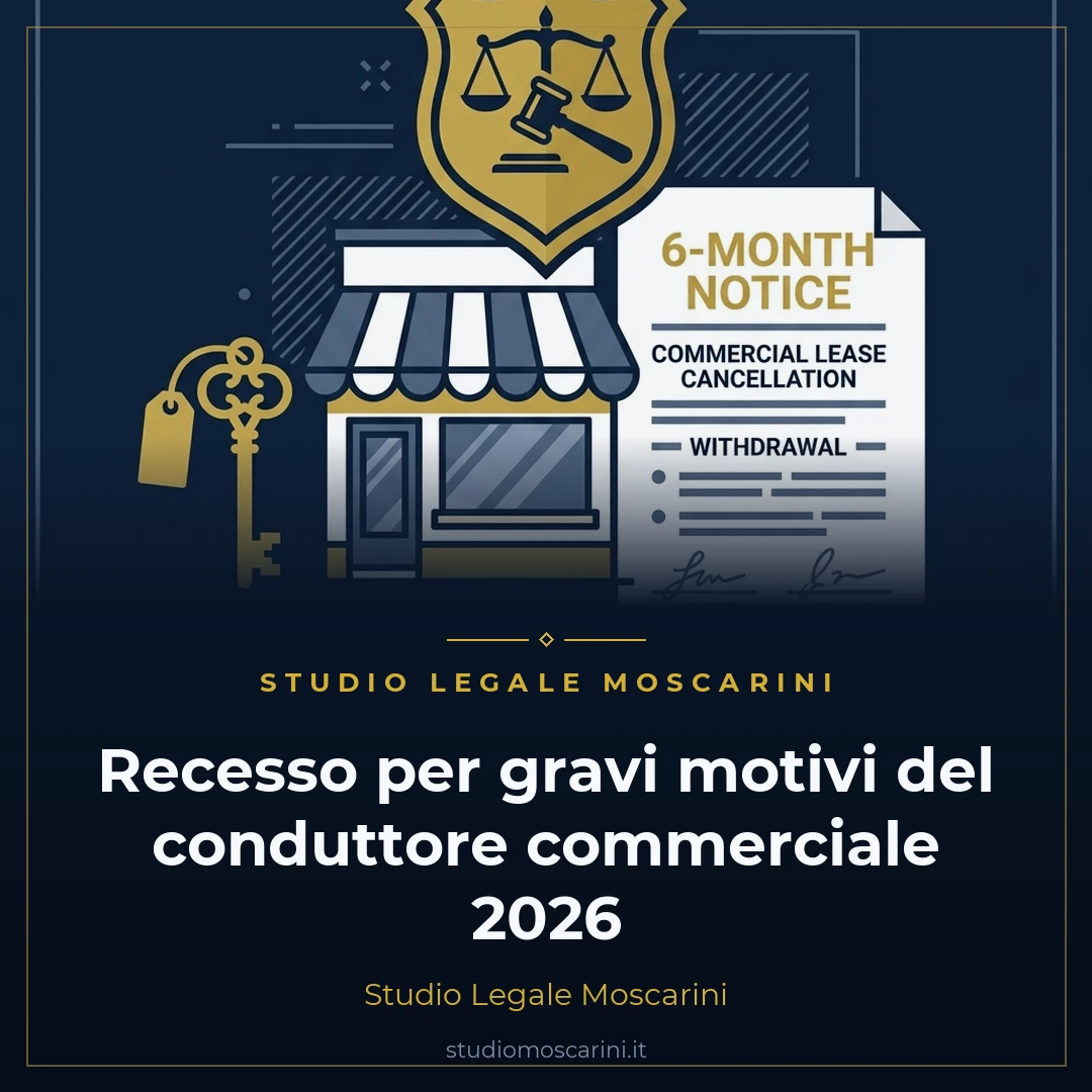Grafica vettoriale rappresentante il recesso per gravi motivi del conduttore nella locazione commerciale ex art 27 L 392 1978 con edificio commerciale, chiave dorata, documento di disdetta e scudo legale.