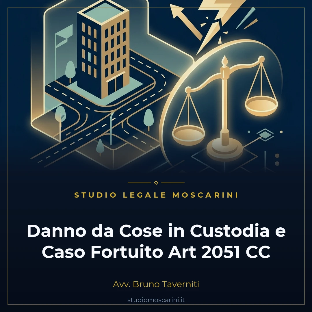 Illustrazione concettuale su fondo blu scuro con scudo protettivo legale dorato, bilancia della giustizia e simboli di custodia del bene e causalità per la responsabilità ex art 2051 cc