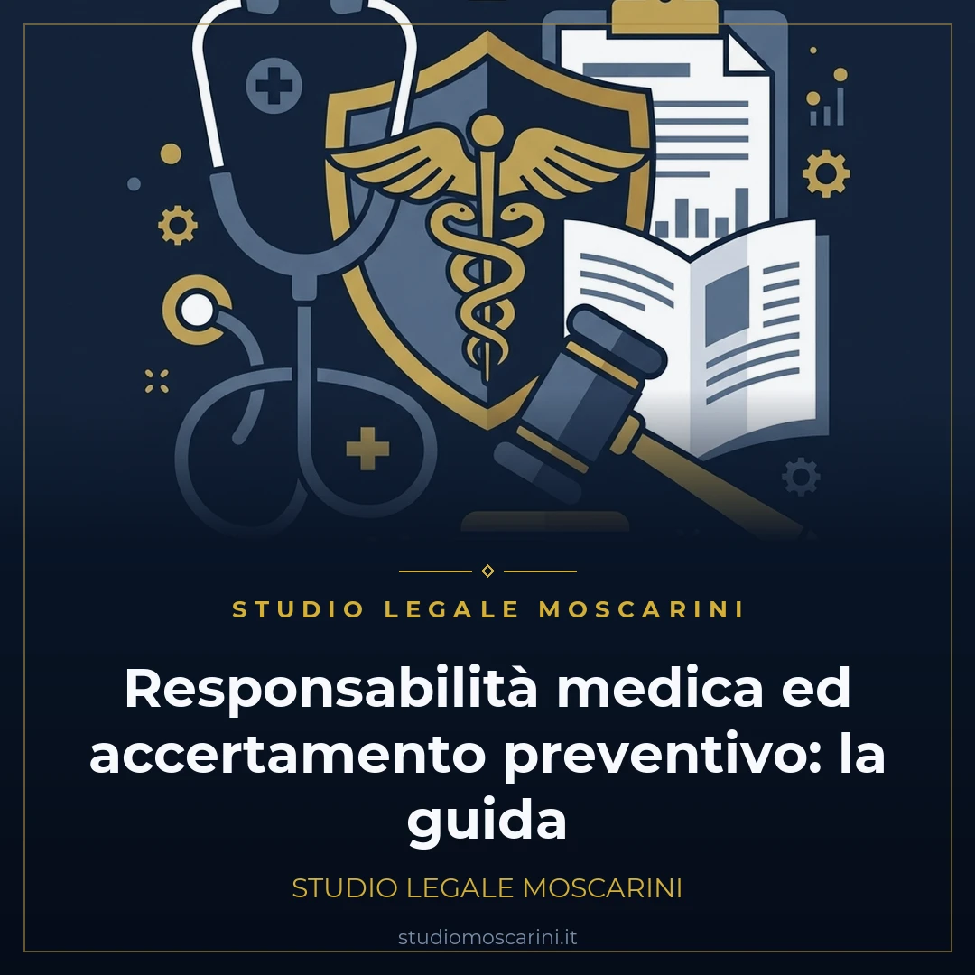 Grafica vettoriale rappresentante la responsabilità medica e l'accertamento tecnico preventivo ex art 696-bis c.p.c. con stetoscopio, martelletto e cartella clinica.