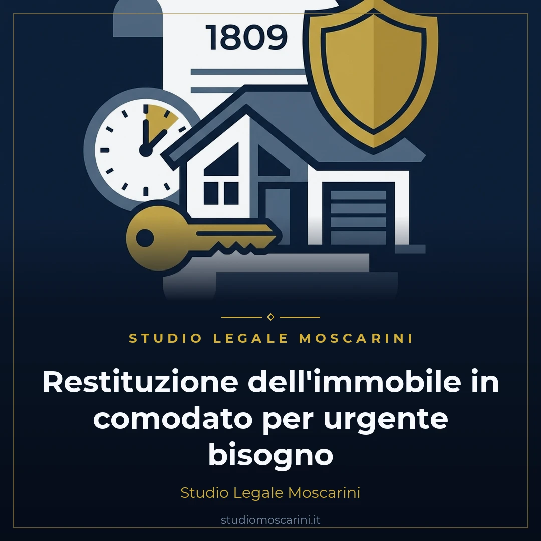 Grafica vettoriale rappresentante la restituzione dell'immobile in comodato per urgente bisogno ex art 1809 cc con casa, chiavi dell'immobile, contratto firmato e scudo legale del proprietario.
